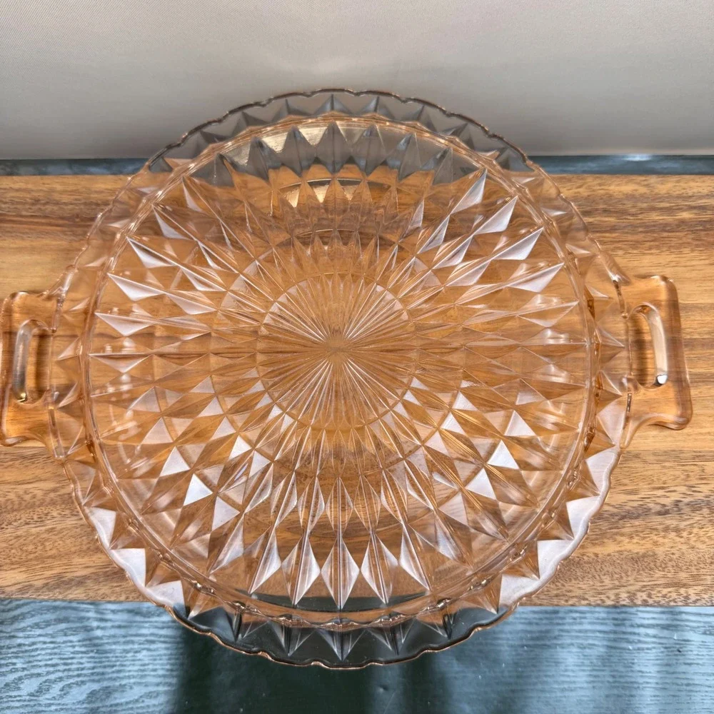Jeanette Windsor Pattern Pink Depression Glass Cake Plate Handle Platter